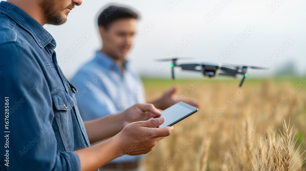 Poster agtech innovators presenting precision farming solutions through satellite imagery and drone monitor