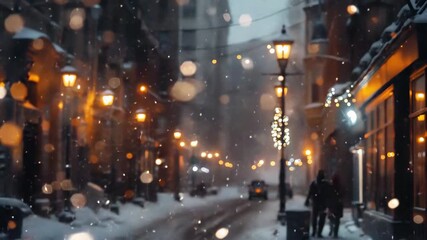 Snowflakes falling on a city street at night, glowing warm lights, cinematic winter atmosphere. - Powered by Adobe