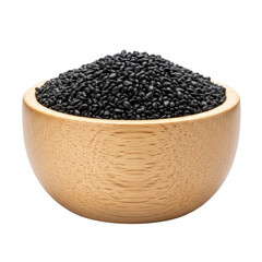 Close-up of fresh black sesame seeds piled high in a wooden bowl transparent background