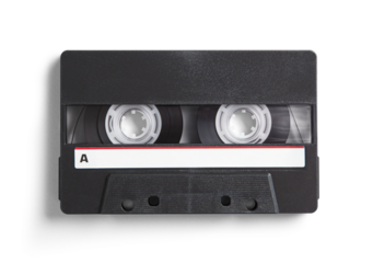 Realistic looking black 90s cassette tape with red stripe and shadow, isolated, transparent background
