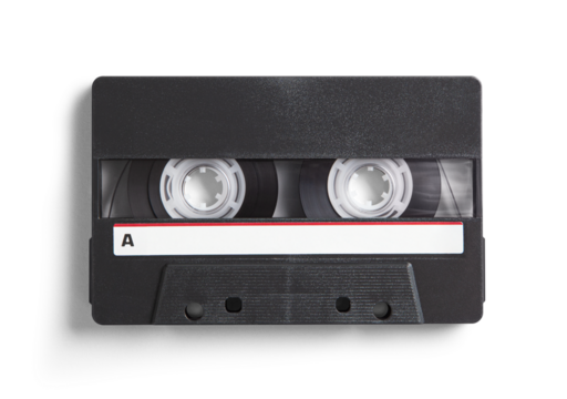 Realistic looking black 90s cassette tape with red stripe and shadow, isolated, transparent background - Powered by Adobe