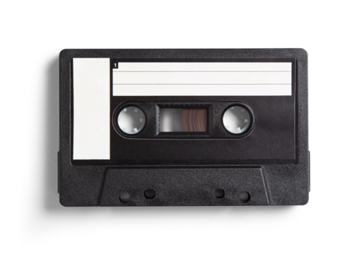 An optically captured, isolated, realistic black 80s cassette tape with a soft dark shadow.