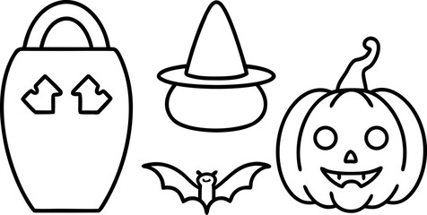 Halloween Icons Outline Pumpkin Witch Hat Bat and Jar jack o lantern