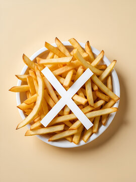fast food, low carb diet, fattening and unhealthy eating concept - close up of french fries behind no symbol or circle-backslash prohibition sign