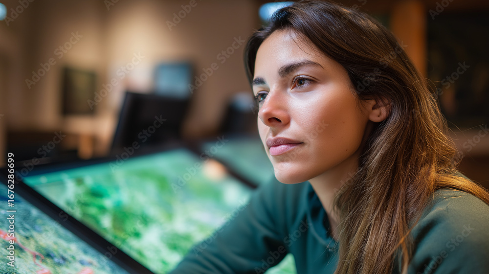 Poster exhibition designer creating immersive museum displays using spatial design software with visitor fl