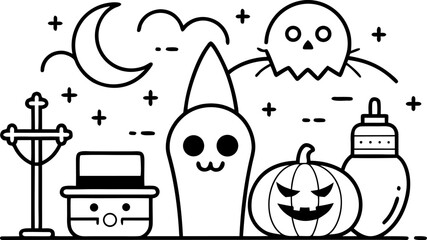 Halloween Scene Outline Ghost Pumpkin Cross and Moon jack o lantern
