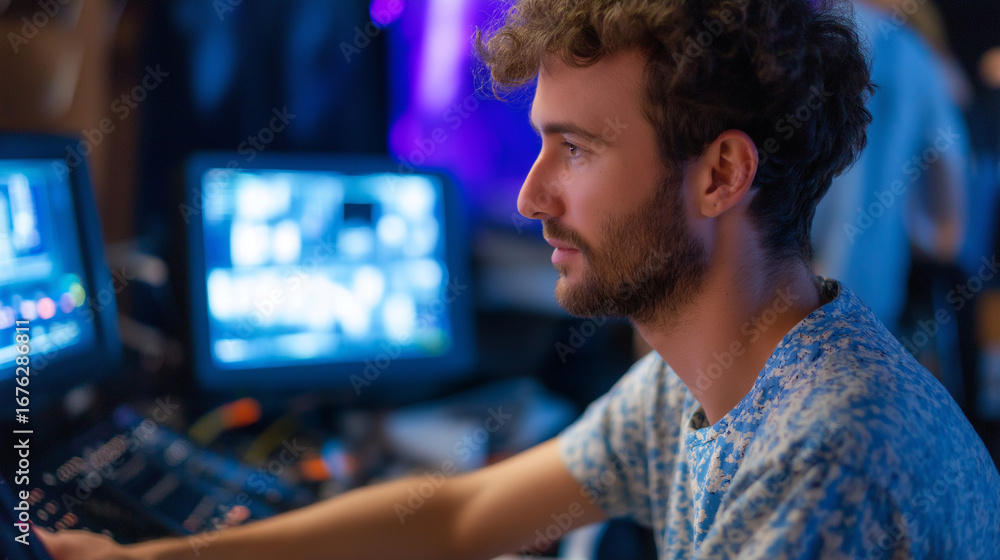 Poster set designer building virtual film environments using cinematic visualization software with lighting