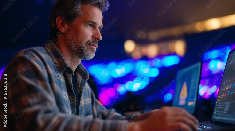 Poster set designer building virtual film environments using cinematic visualization software with lighting