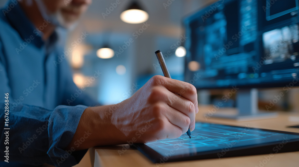 Poster set designer building virtual film environments using cinematic visualization software with lighting