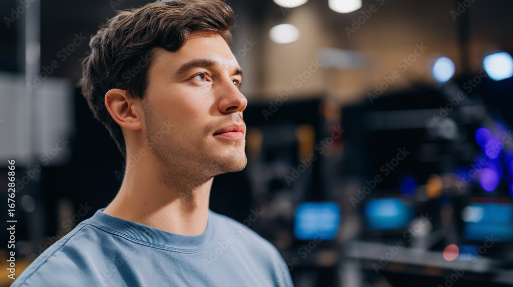 Poster set designer building virtual film environments using cinematic visualization software with lighting