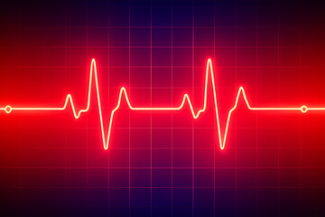 Naklejka premium Neon cardiogram pulse line on red grid background electrocardiogram heartbeat