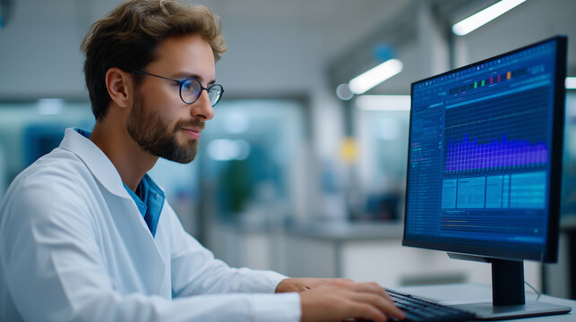 Industrial designer developing medical device prototypes using biocompatible material simulation software with safety testing parameters and manufacturing feasibility analysis dis