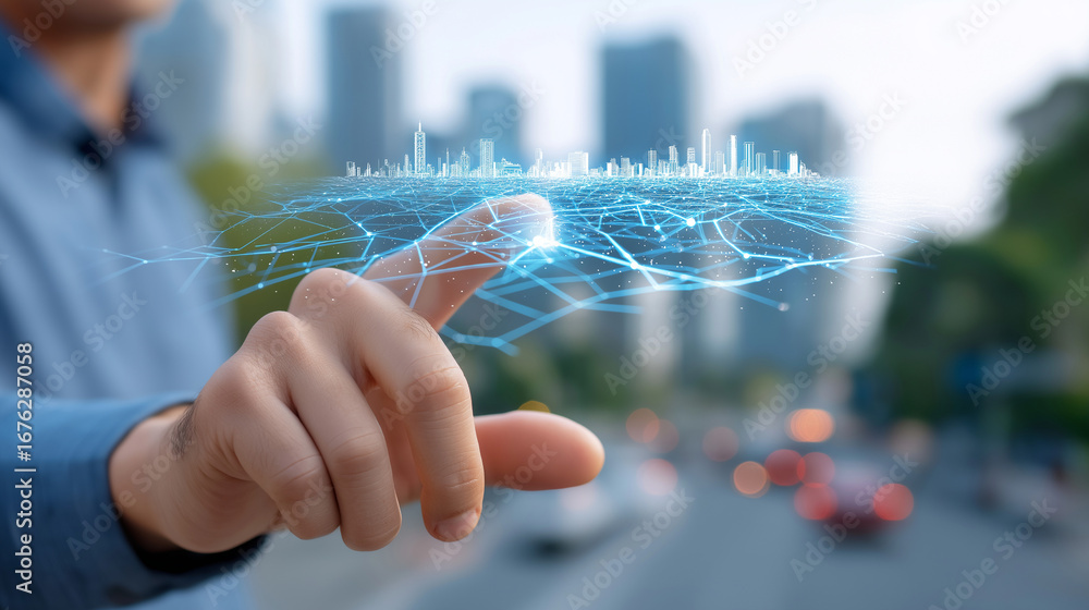 Poster urban planner visualizing smart city infrastructure using iot integration modeling software with tra