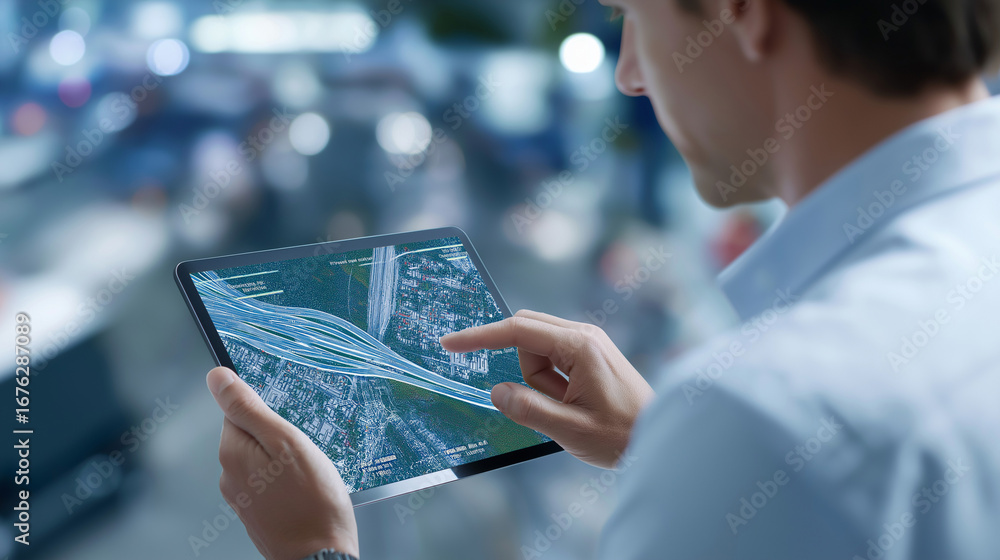 Poster urban planner visualizing smart city infrastructure using iot integration modeling software with tra