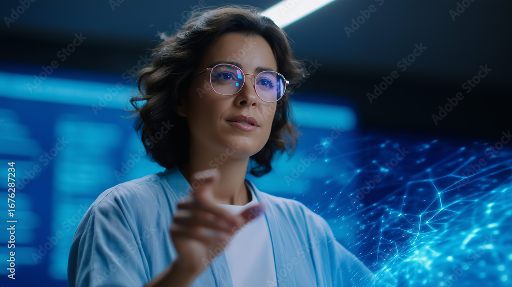 Poster teacher lectures on ai with futuristic holographic interface and data visualization teaching diverse