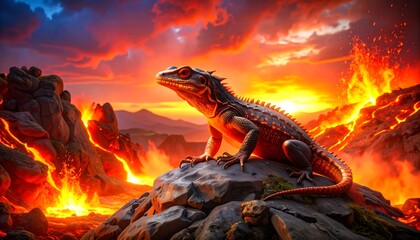 Lizard atop volcanic rock at fiery sunset