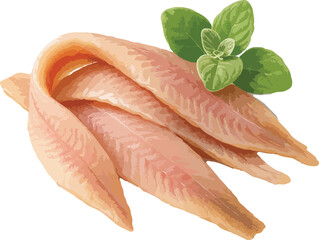 Three Pale Pink Fish Fillets with Green Oregano Leaves