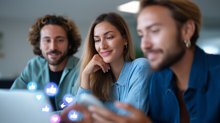 Digital marketing educator analyzing social media algorithms through real time data visualization holograms with marketing professionals examining engagement patterns and campaign