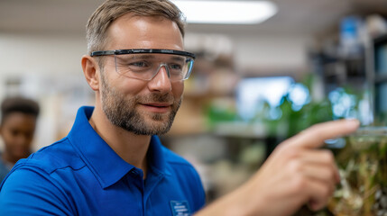 Environmental science educator teaching climate modeling through immersive data visualization with students examining weather patterns and ecosystem changes using augmented