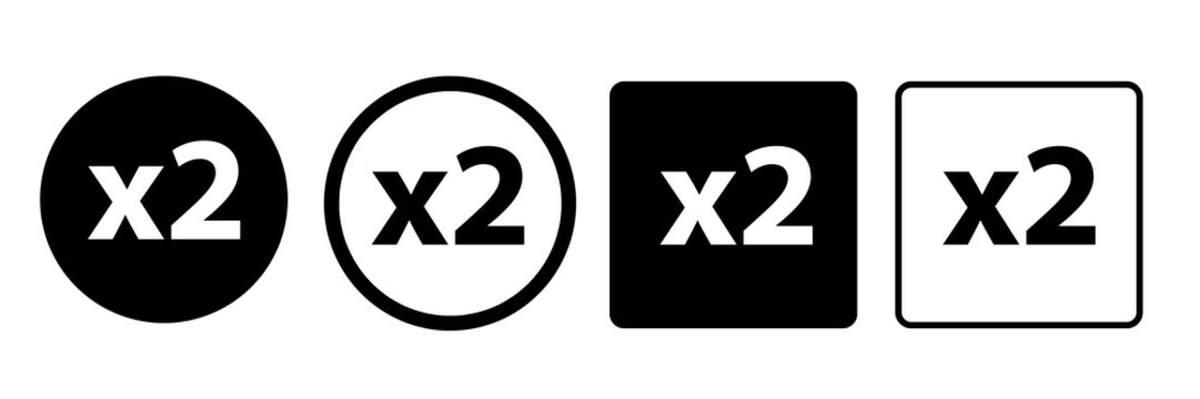 X2 multiply symbol icons set, double twice, two times multiply symbol set