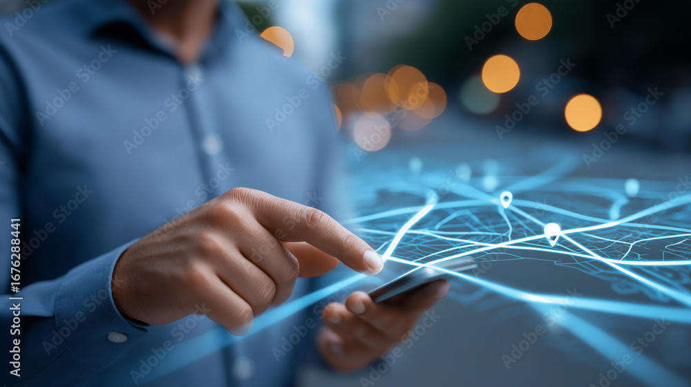 Poster transportation logistics coordinator analyzing route optimization data through gps tracking systems 