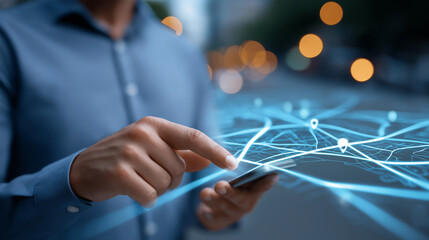 Transportation logistics coordinator analyzing route optimization data through GPS tracking systems with traffic patterns and delivery efficiency metrics displayed in holographic