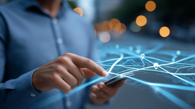 Transportation logistics coordinator analyzing route optimization data through GPS tracking systems with traffic patterns and delivery efficiency metrics displayed in holographic - Powered by Adobe