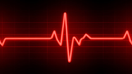 Vivid red electrocardiogram waveform on dark grid background heartbeat pulse