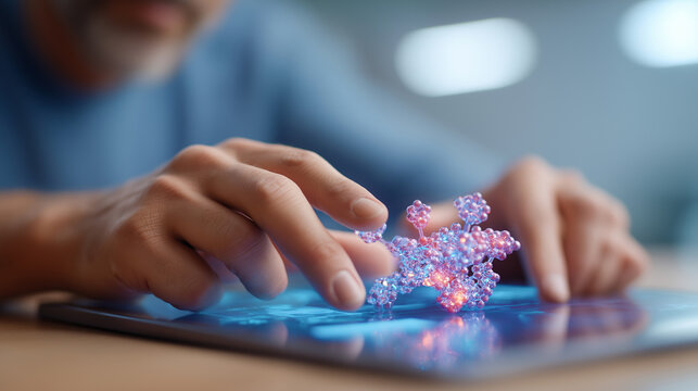 Pharmaceutical research analyst tracking clinical trial data through interactive molecular visualization with drug efficacy results and safety profiles displayed in three