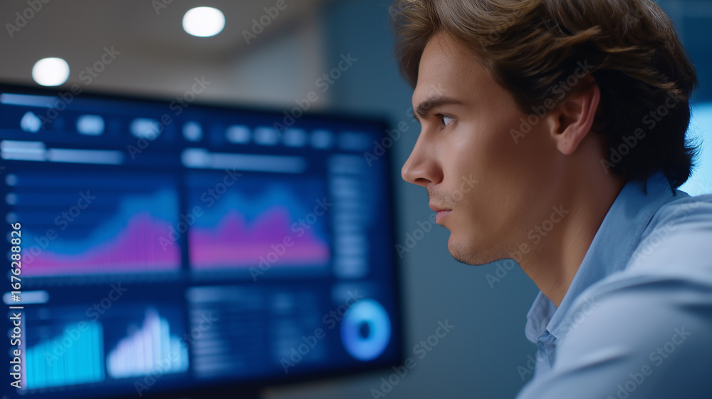 Poster gaming industry analyst monitoring player engagement data through behavioral analytics dashboards wi