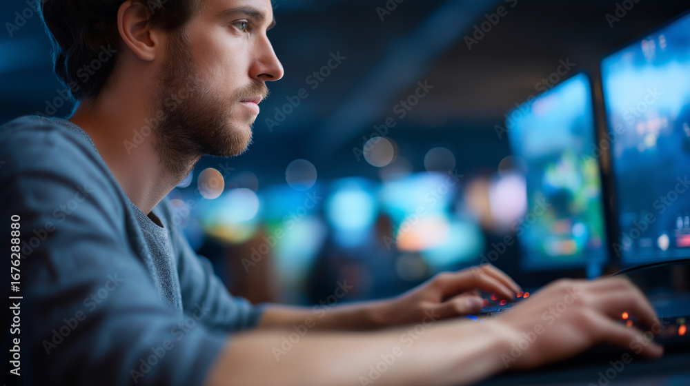 Poster gaming industry analyst monitoring player engagement data through behavioral analytics dashboards wi
