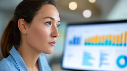 Educational data analyst examining student performance metrics through learning analytics platforms with academic progress indicators and intervention strategies visualized for