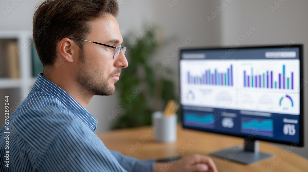Poster human resources data specialist analyzing workforce analytics through employee performance dashboard