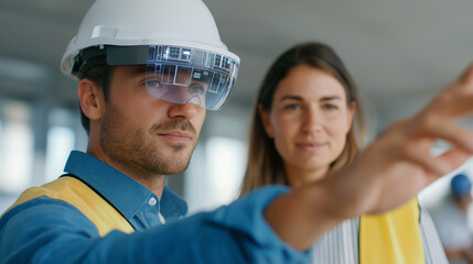 Diverse architect couple working on a construction site using futuristic augmented reality software with a building 3D blueprint visualization while male engineer interacts with