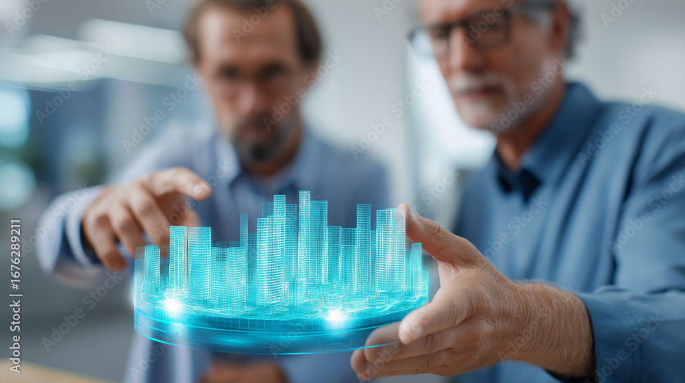 Poster bim specialists collaborating around holographic 4d building model with timeline visualization using