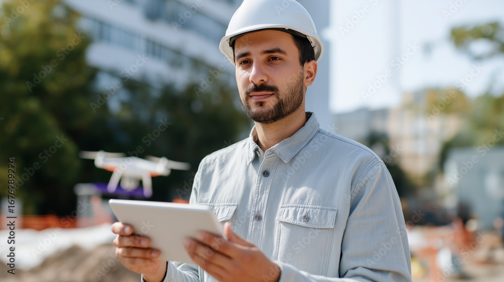 Poster civil engineers operating drone survey equipment and analyzing photogrammetry data on tablets mappin
