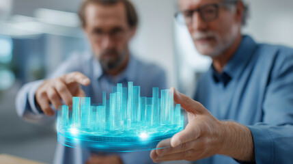 BIM specialists collaborating around holographic 4D building model with timeline visualization using gesture controls and digital twin technology to optimize construction