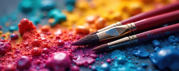 Obraz premium Close-up of paintbrushes intertwined amidst a vibrant, colorful palette, symbolizing the passionate fusion of artistic expression and love , love, handmade, masterpiece