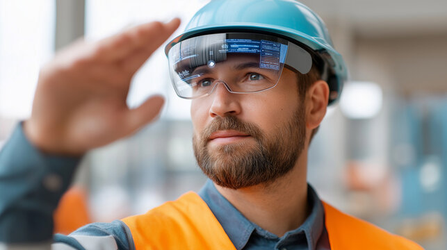 Construction project manager wearing AR smart helmet with HUD display showing real time building progress data coordinating with robotic equipment and automated systems on modern - Powered by Adobe