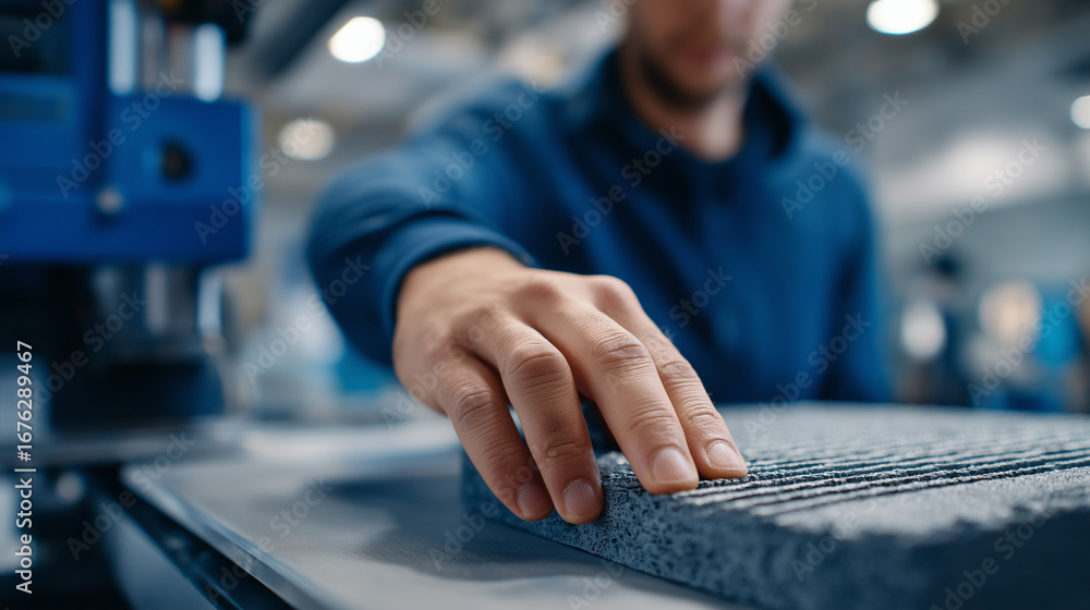 Poster 3d printing construction team operating large scale additive manufacturing equipment creating concre