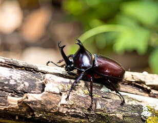 Beetle on a log in forest