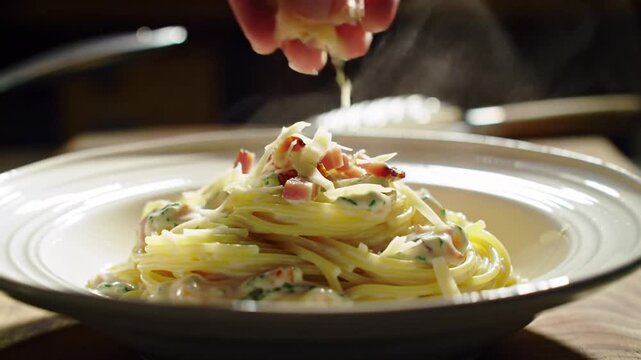 Delicious Plate of Spaghetti Carbonara with Crispy Bacon and Creamy Sauce, Close-Up
