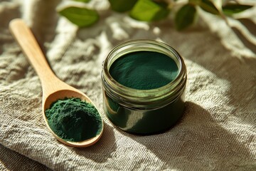 Green Spirulina Powder in Glass Jar With Wooden Spoon on Fabric Background