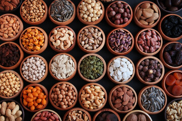 Various luxury nuts were designed in bamboo bowls on a black surface.Large group and top view