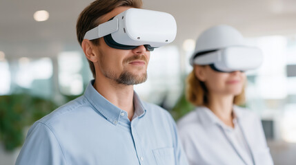 Digital twin architects working with virtual reality visualization systems walking through immersive building models and testing design scenarios before physical construction