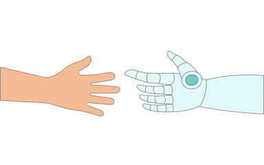 The robot's hand reaches out to the human hand, white background, robot, man, technology