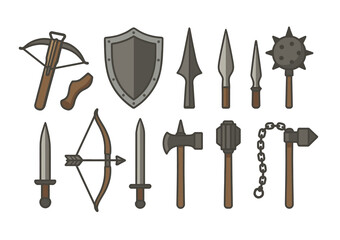 Medieval weapon icon set. swords, spears, shields in flat style collection