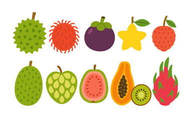 Exotic fruits flat icon set. lychee, durian, and dragon fruit in flat design