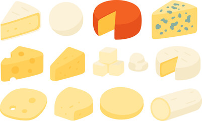 Fototapeta premium Cheese flat icon set. assorted cheese varieties in flat style illustrations
