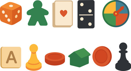 Board game flat icon set. chess, cards, dice, and more for gaming enthusiasts